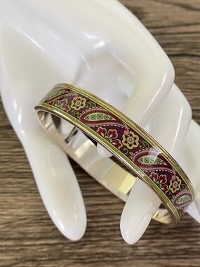 Floral Paisley Enamel Bangle Bracelet Green & Purple Signed Vera Bradley